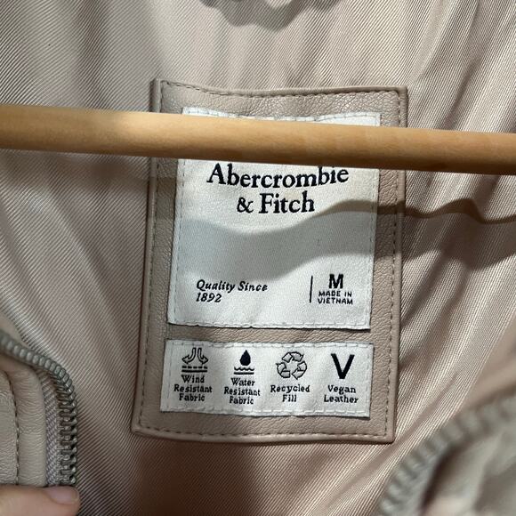 Abercrombie Vegan Leather Puffer Jacket Size M Neutral Beige Cropped Winter - Picture 4 of 9